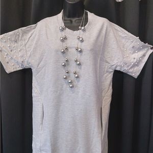Grey dress with pearl embellishment sleeves